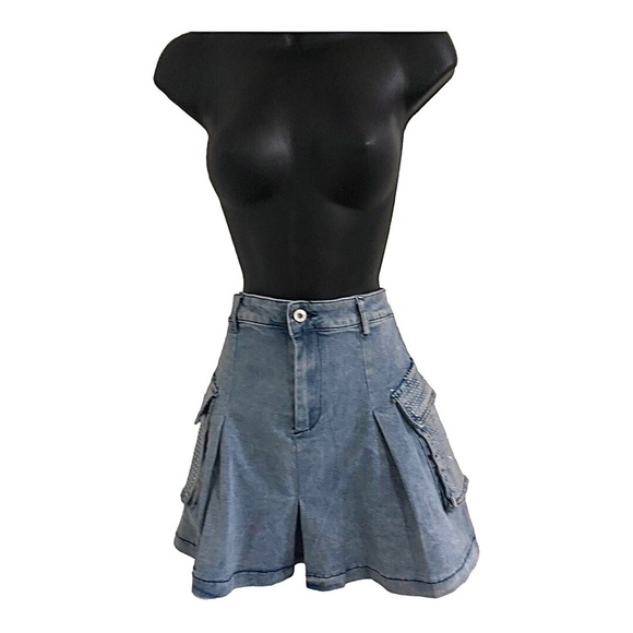 A-line crystal embellished rhinestone utility cargo style mini denim jeans skirt - Picture 8 of 15